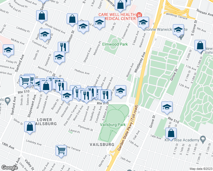 map of restaurants, bars, coffee shops, grocery stores, and more near 78 Cedar Avenue in Newark
