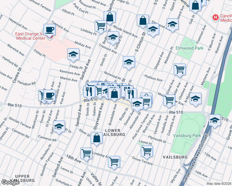 map of restaurants, bars, coffee shops, grocery stores, and more near 538 Norwood Street in East Orange