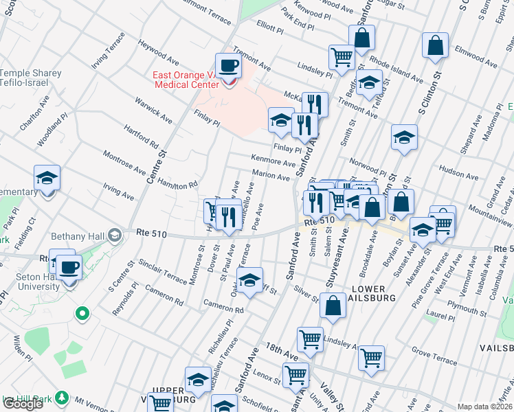 map of restaurants, bars, coffee shops, grocery stores, and more near 53 Monticello Avenue in Newark