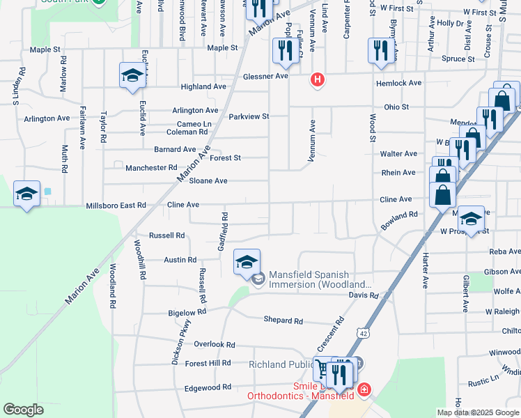 map of restaurants, bars, coffee shops, grocery stores, and more near in Mansfield