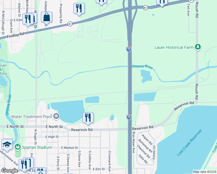 map of restaurants, bars, coffee shops, grocery stores, and more near Interstate 75 in Lima