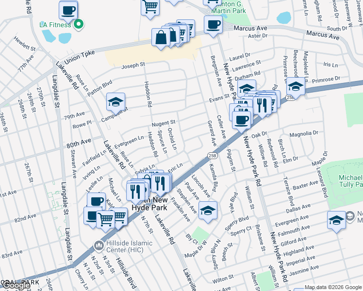 map of restaurants, bars, coffee shops, grocery stores, and more near 124 Sylvia Lane in New Hyde Park