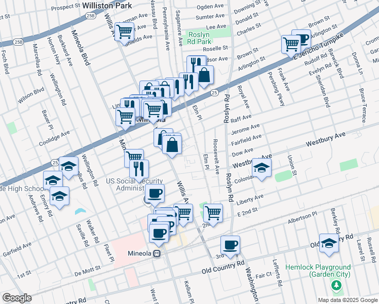 map of restaurants, bars, coffee shops, grocery stores, and more near 100 Lincoln Avenue in Mineola