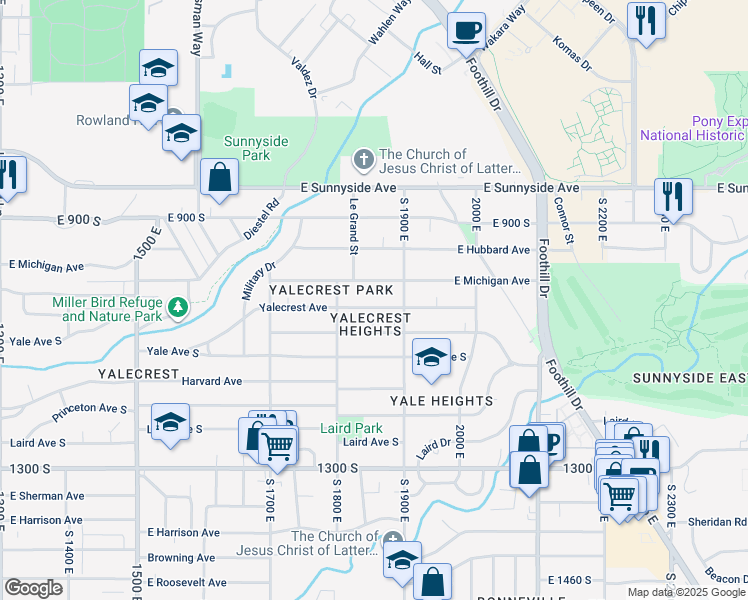 map of restaurants, bars, coffee shops, grocery stores, and more near 1845 Yalecrest Avenue in Salt Lake City