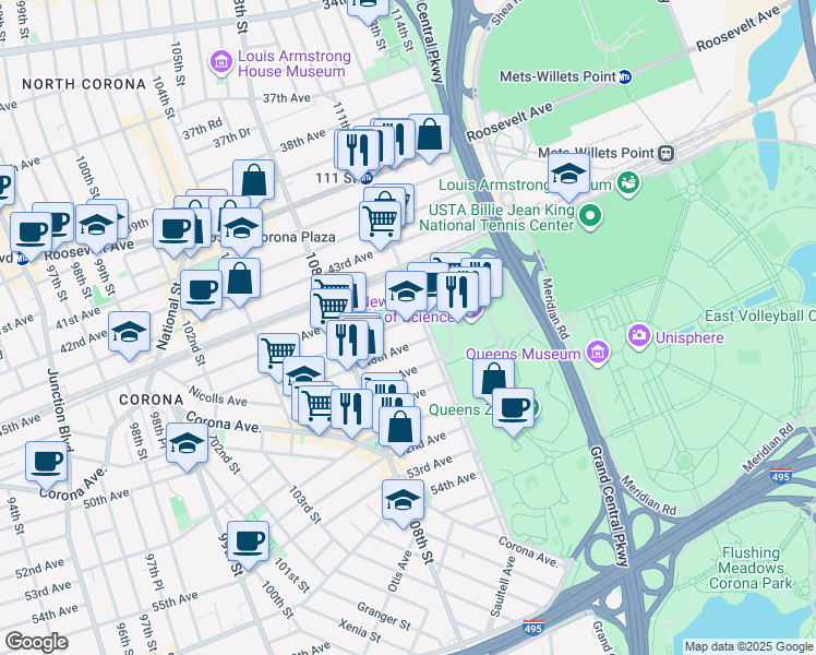 map of restaurants, bars, coffee shops, grocery stores, and more near 109-10 47th Avenue in Queens