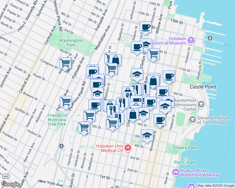 map of restaurants, bars, coffee shops, grocery stores, and more near 480 8th Street in Hoboken