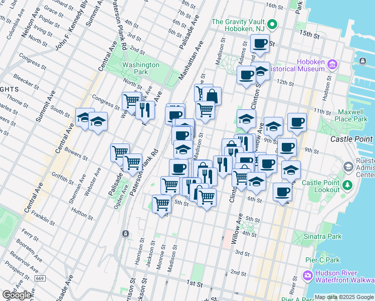 map of restaurants, bars, coffee shops, grocery stores, and more near 716-32 Madison Street in Hoboken