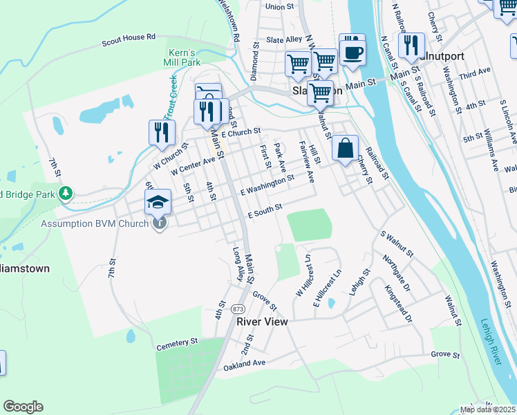 map of restaurants, bars, coffee shops, grocery stores, and more near 438 2nd Street in Slatington