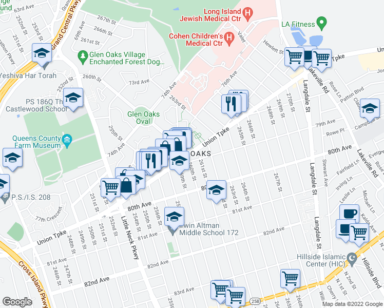 map of restaurants, bars, coffee shops, grocery stores, and more near in Queens