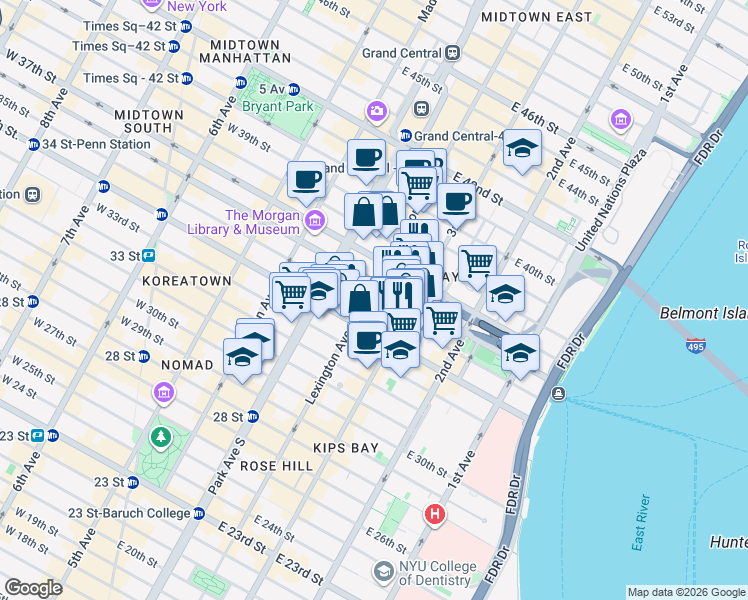 map of restaurants, bars, coffee shops, grocery stores, and more near in New York