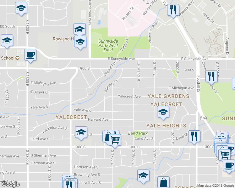 map of restaurants, bars, coffee shops, grocery stores, and more near 1717 Yalecrest Avenue in Salt Lake City