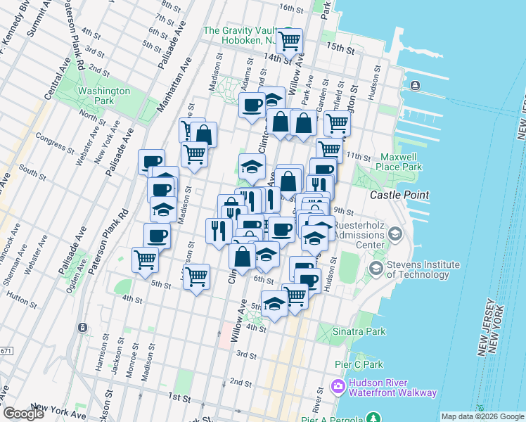 map of restaurants, bars, coffee shops, grocery stores, and more near in Hoboken