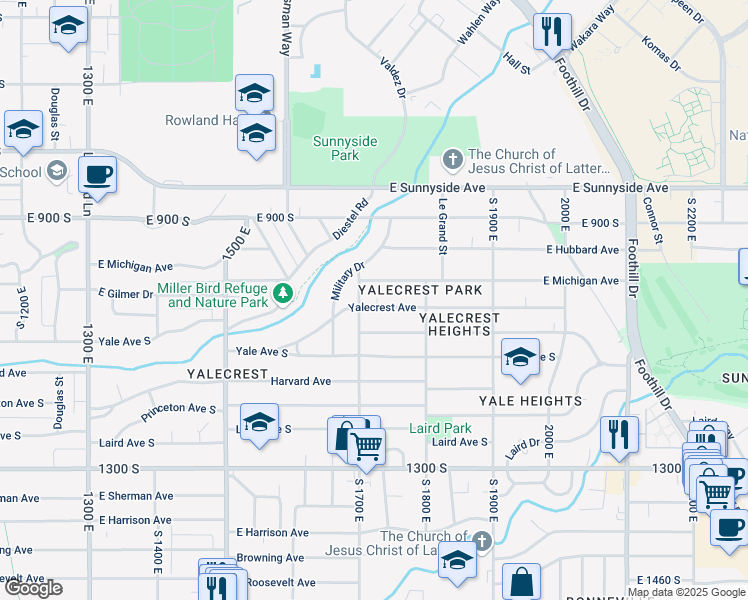 map of restaurants, bars, coffee shops, grocery stores, and more near 1717 Yalecrest Avenue in Salt Lake City