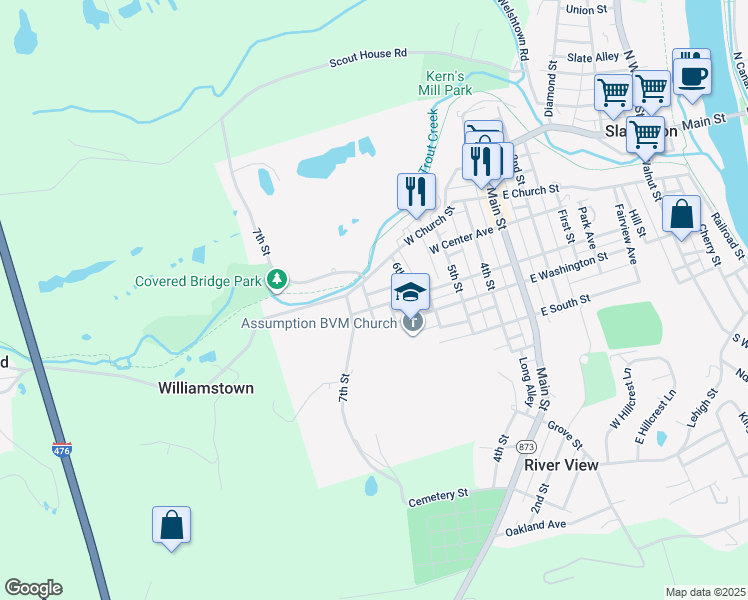 map of restaurants, bars, coffee shops, grocery stores, and more near 641 West Church Street in Slatington