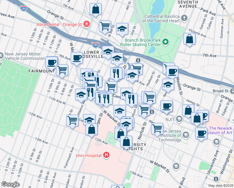 map of restaurants, bars, coffee shops, grocery stores, and more near 393 Central Avenue in Newark