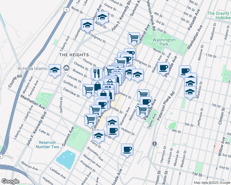 map of restaurants, bars, coffee shops, grocery stores, and more near 20 Charles Street in Jersey City