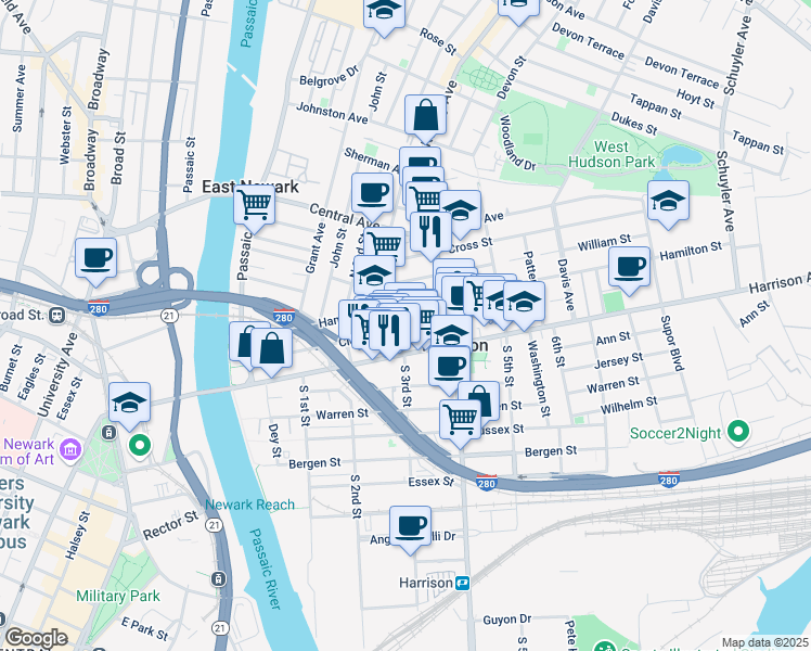 map of restaurants, bars, coffee shops, grocery stores, and more near 241 Hamilton Street in Harrison