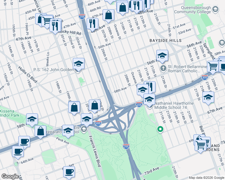 map of restaurants, bars, coffee shops, grocery stores, and more near 56-45 206th Street in Queens