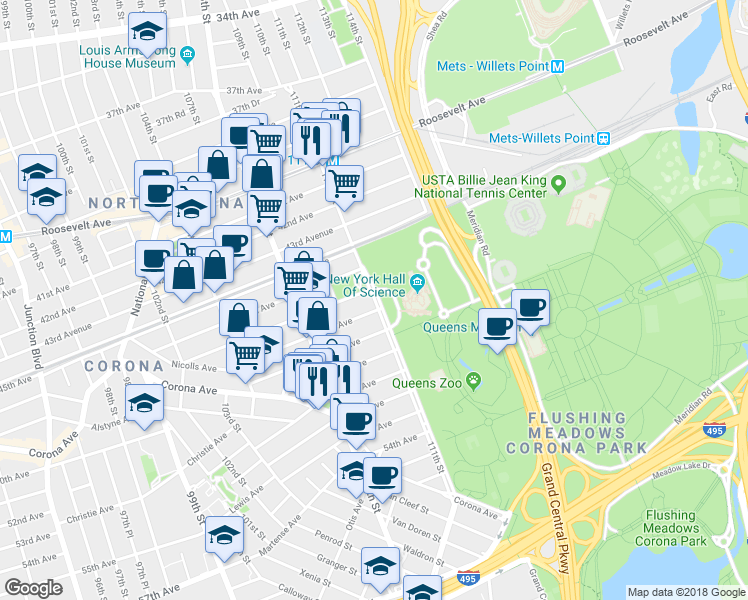 map of restaurants, bars, coffee shops, grocery stores, and more near 47 111th Street in Queens