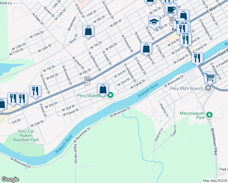 map of restaurants, bars, coffee shops, grocery stores, and more near 332 West Canal Street in Peru