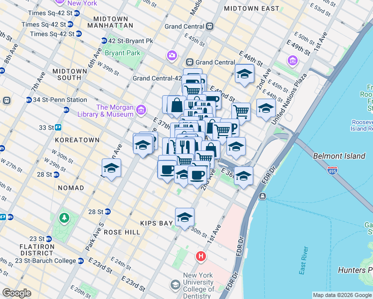 map of restaurants, bars, coffee shops, grocery stores, and more near East 36th Street in New York
