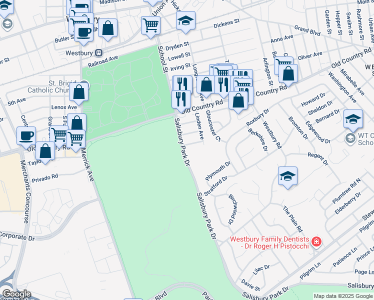 map of restaurants, bars, coffee shops, grocery stores, and more near 900 Salisbury Park Drive in Westbury