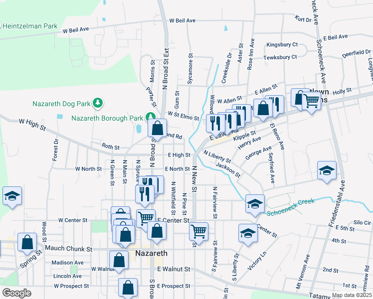 map of restaurants, bars, coffee shops, grocery stores, and more near 231 East High Street in Nazareth