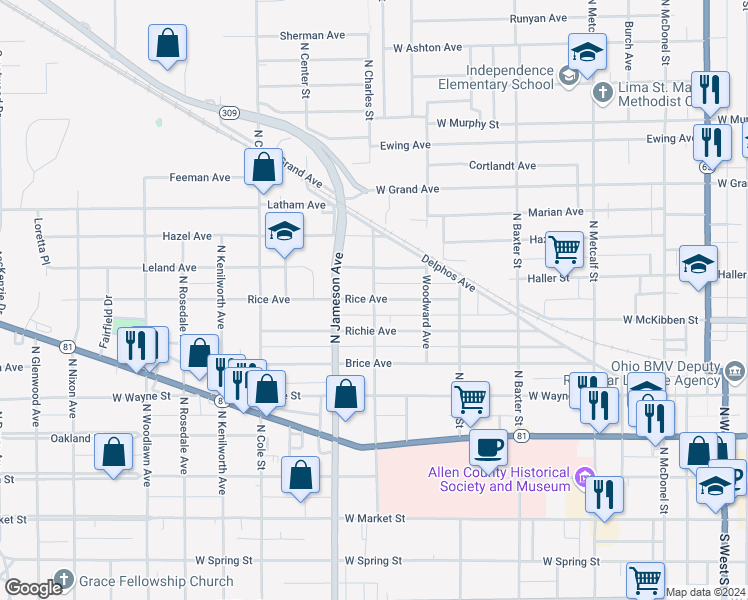 map of restaurants, bars, coffee shops, grocery stores, and more near 701 North Charles Street in Lima