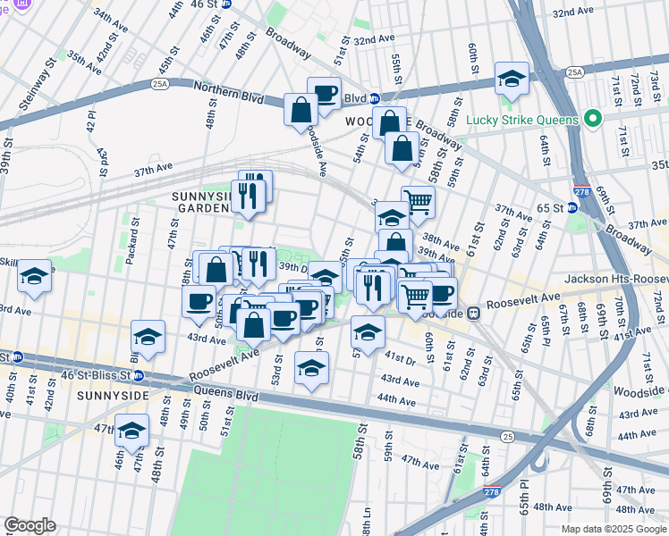 map of restaurants, bars, coffee shops, grocery stores, and more near 54-01 Woodside Avenue in Queens