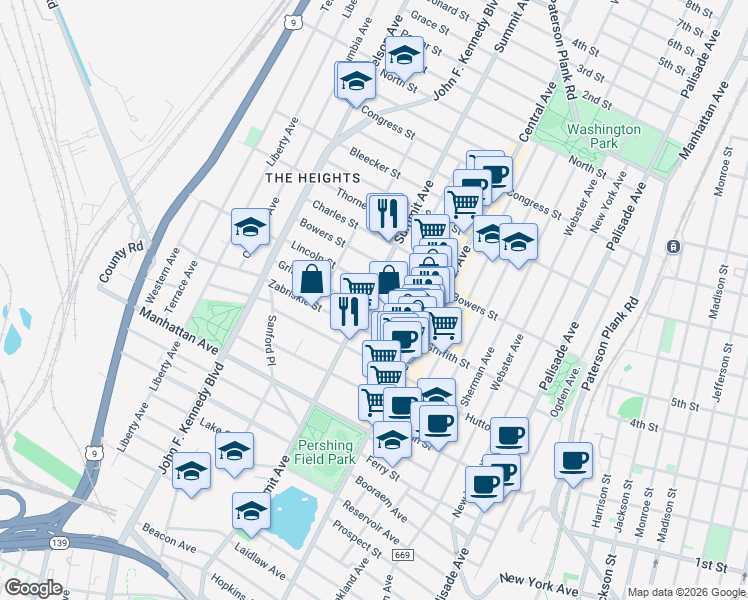 map of restaurants, bars, coffee shops, grocery stores, and more near 65 Lincoln Street in Jersey City