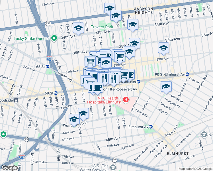 map of restaurants, bars, coffee shops, grocery stores, and more near Roosevelt Ave & 77th St in Queens