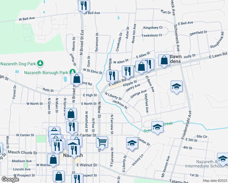 map of restaurants, bars, coffee shops, grocery stores, and more near 258 North Liberty Street in Nazareth