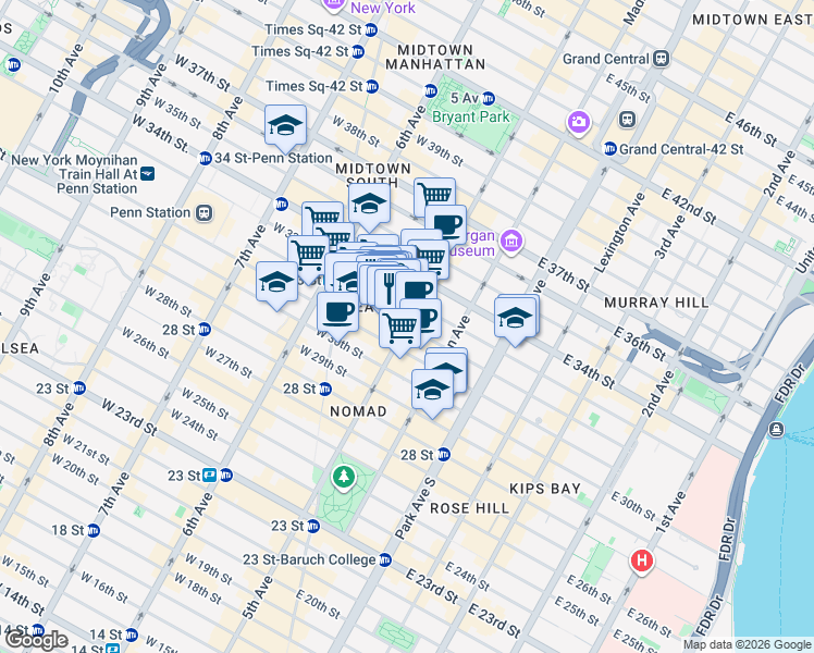 map of restaurants, bars, coffee shops, grocery stores, and more near 5th Ave & E 32nd St in New York