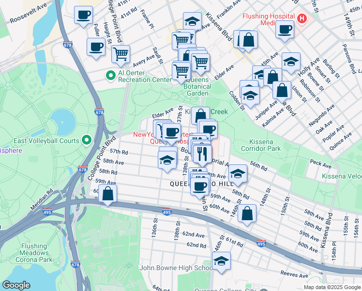 map of restaurants, bars, coffee shops, grocery stores, and more near 56-29 138th Street in Queens