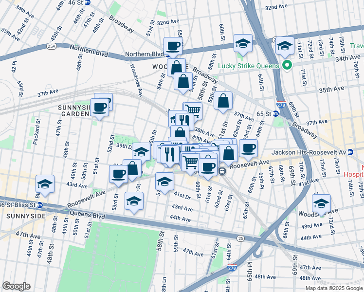 map of restaurants, bars, coffee shops, grocery stores, and more near 39-22 57th Street in Queens