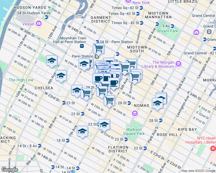map of restaurants, bars, coffee shops, grocery stores, and more near 145 West 28th Street in New York