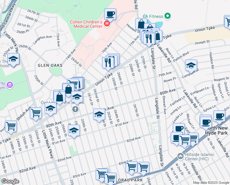 map of restaurants, bars, coffee shops, grocery stores, and more near 79-14 265th Street in Queens