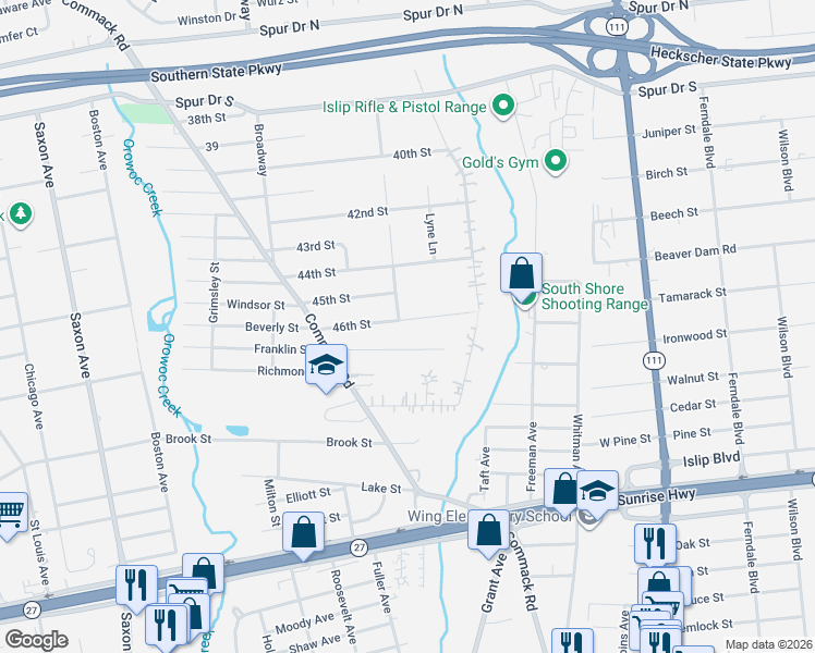 map of restaurants, bars, coffee shops, grocery stores, and more near 50 Grand Boulevard in Islip