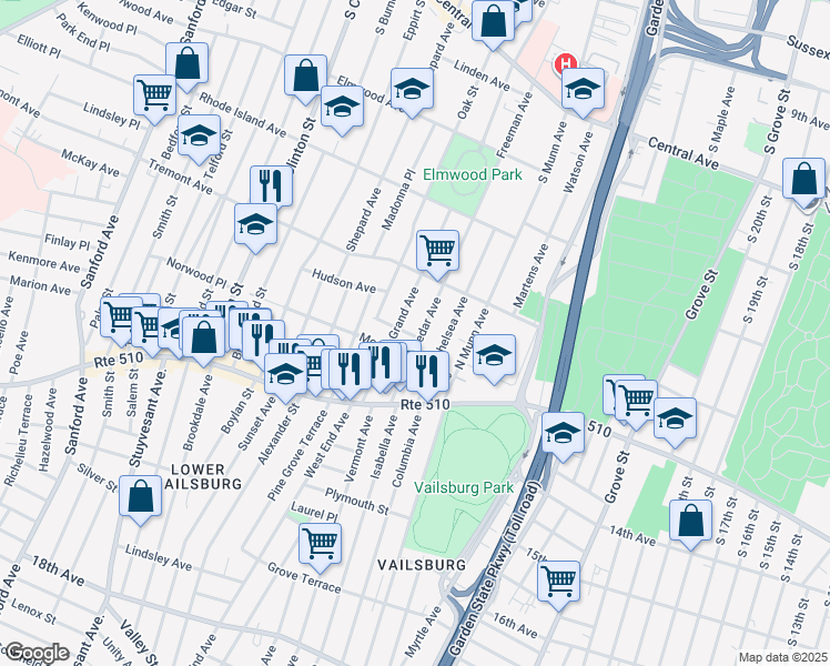 map of restaurants, bars, coffee shops, grocery stores, and more near 78 Cedar Avenue in Newark