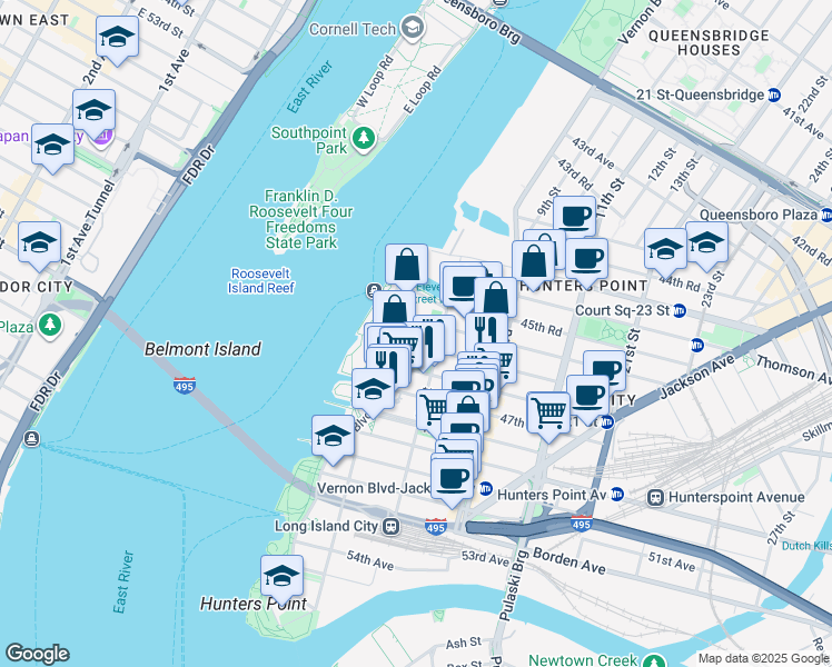 map of restaurants, bars, coffee shops, grocery stores, and more near in Queens