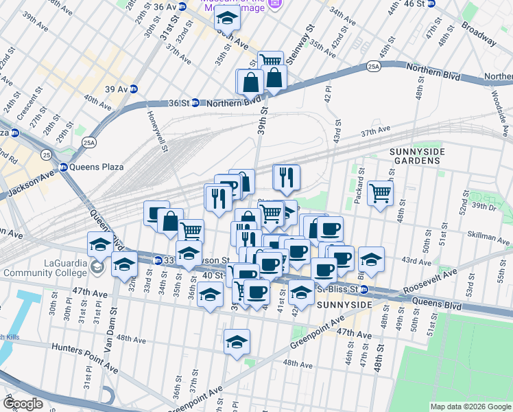 map of restaurants, bars, coffee shops, grocery stores, and more near 3925 Skillman Avenue in Queens