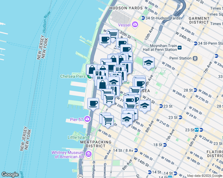 map of restaurants, bars, coffee shops, grocery stores, and more near 512 West 22nd Street in New York