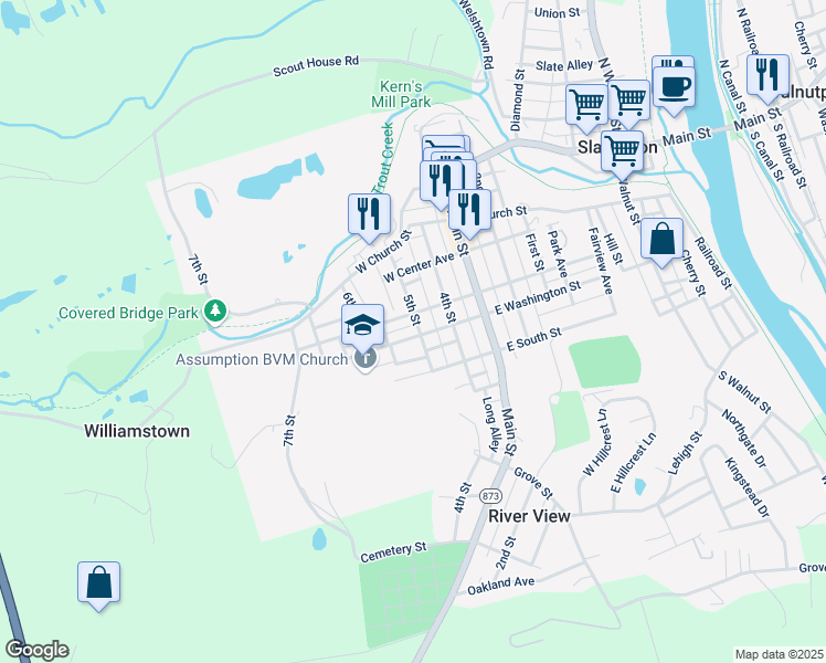 map of restaurants, bars, coffee shops, grocery stores, and more near 506 West Washington Street in Slatington