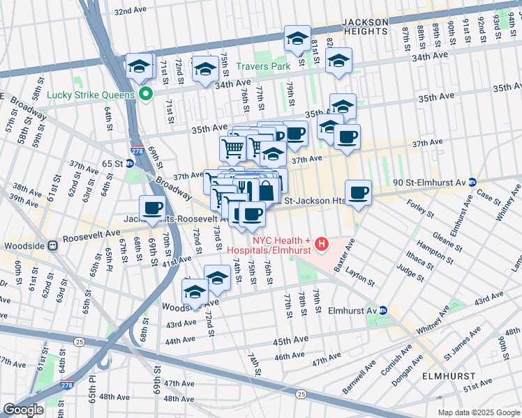 map of restaurants, bars, coffee shops, grocery stores, and more near 76-01 Roosevelt Avenue in Queens