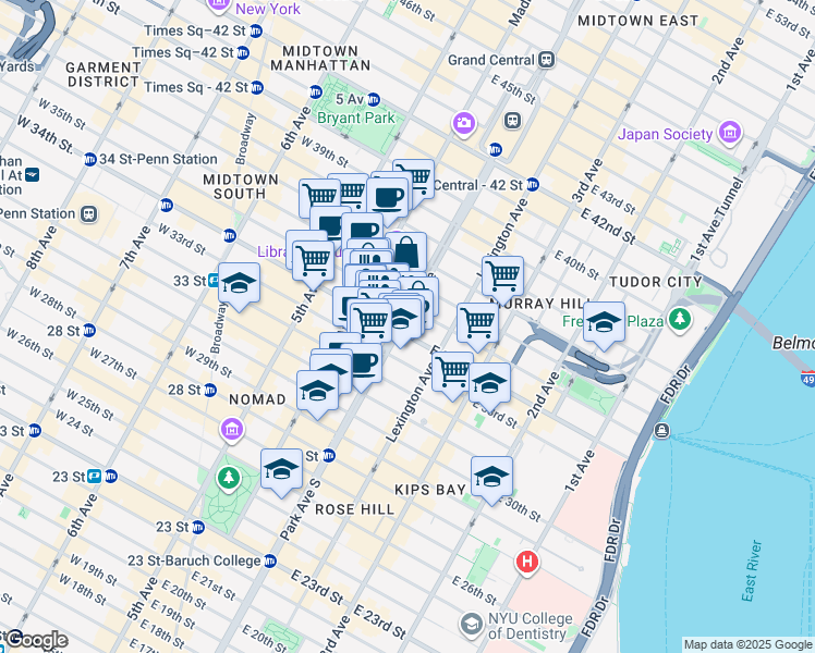 map of restaurants, bars, coffee shops, grocery stores, and more near 10 Park Avenue in New York