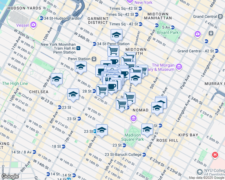 map of restaurants, bars, coffee shops, grocery stores, and more near 120 West 30th Street in New York