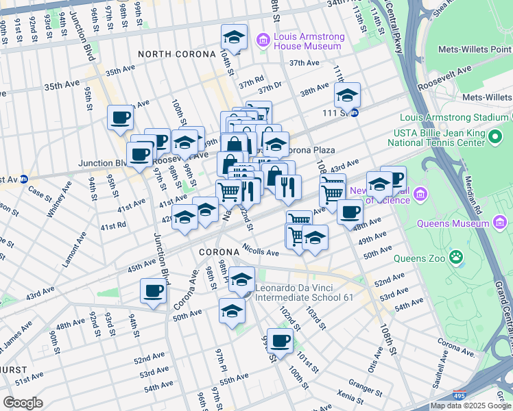 map of restaurants, bars, coffee shops, grocery stores, and more near 102-36 43rd Avenue in Queens