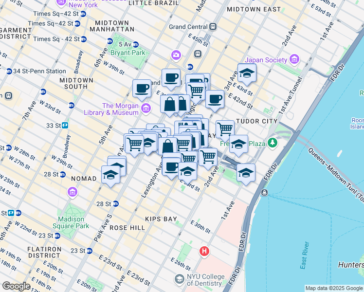 map of restaurants, bars, coffee shops, grocery stores, and more near 136 East 36th Street in New York