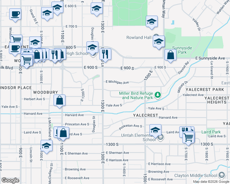map of restaurants, bars, coffee shops, grocery stores, and more near 1359 East Gilmer Drive in Salt Lake City