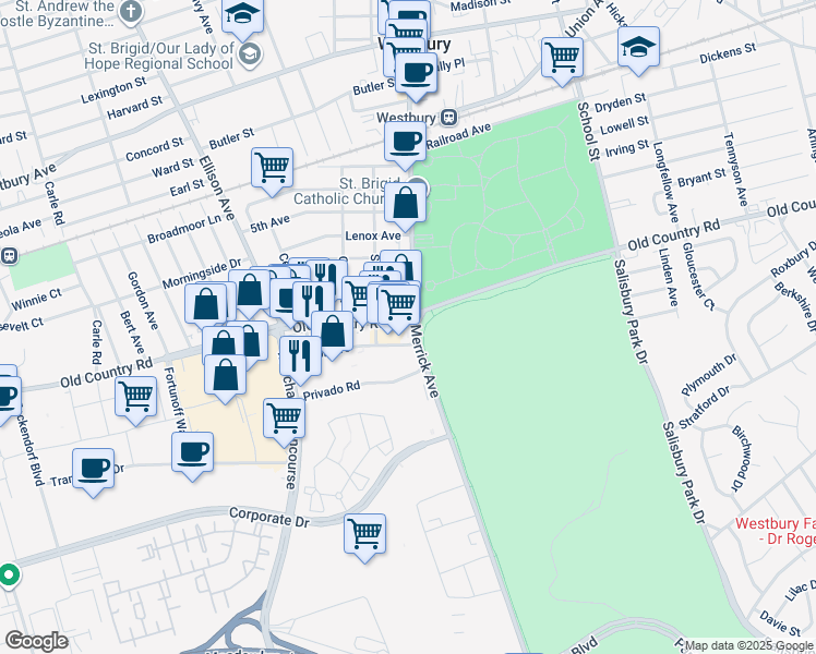 map of restaurants, bars, coffee shops, grocery stores, and more near 61 Old Country Road in Westbury